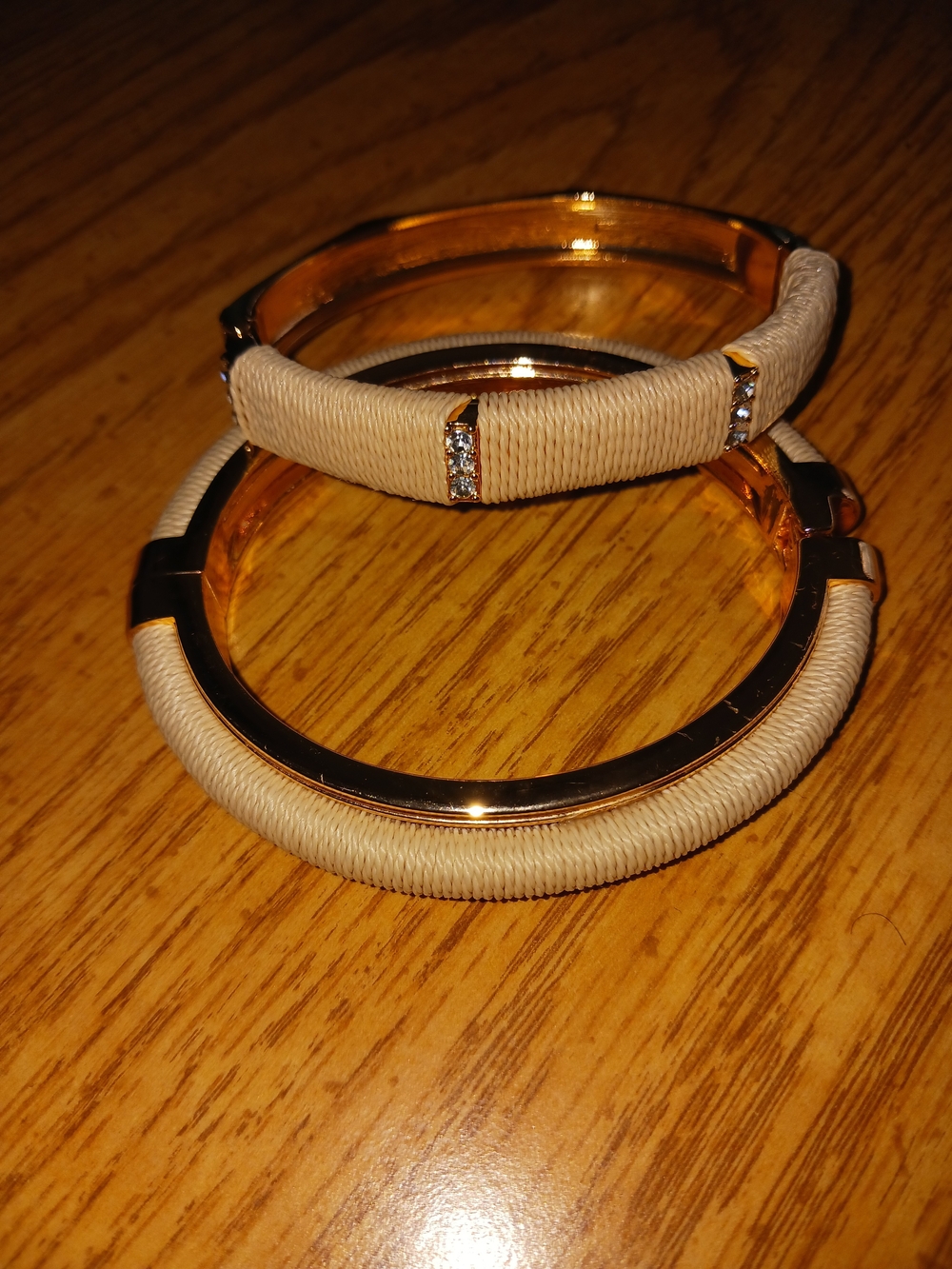 Aldo Gold-Tone Bangle Set with Beige Wrapped Detail and Crystal Accents